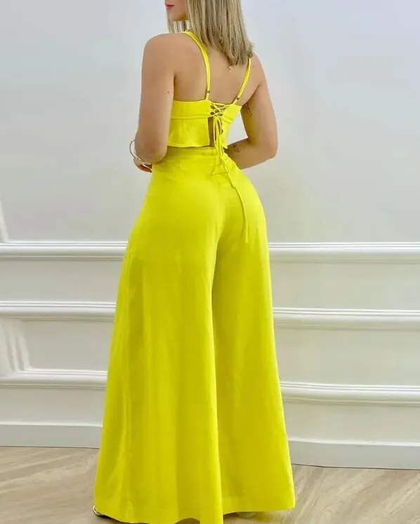 Outfits for Woman Sexy Sleeveless Ruffle Hem Lace-Up Crop Cami Top & Wide Leg Pants Set 2022 Summer Fashion New