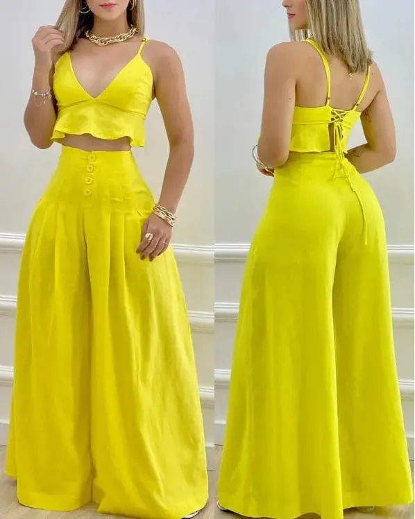 Outfits for Woman Sexy Sleeveless Ruffle Hem Lace-Up Crop Cami Top & Wide Leg Pants Set 2022 Summer Fashion New