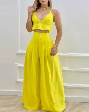 Outfits for Woman Sexy Sleeveless Ruffle Hem Lace-Up Crop Cami Top & Wide Leg Pants Set 2022 Summer Fashion New