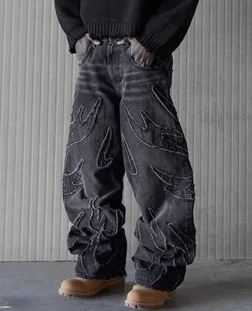 Oversized Unisex Baggy Jeans With Flame Embroidery Wide-Leg Pants