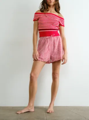 Parisian Appeal Off the Shoulder Knitted Top (BLACK & WHITE, RED STRIPE)