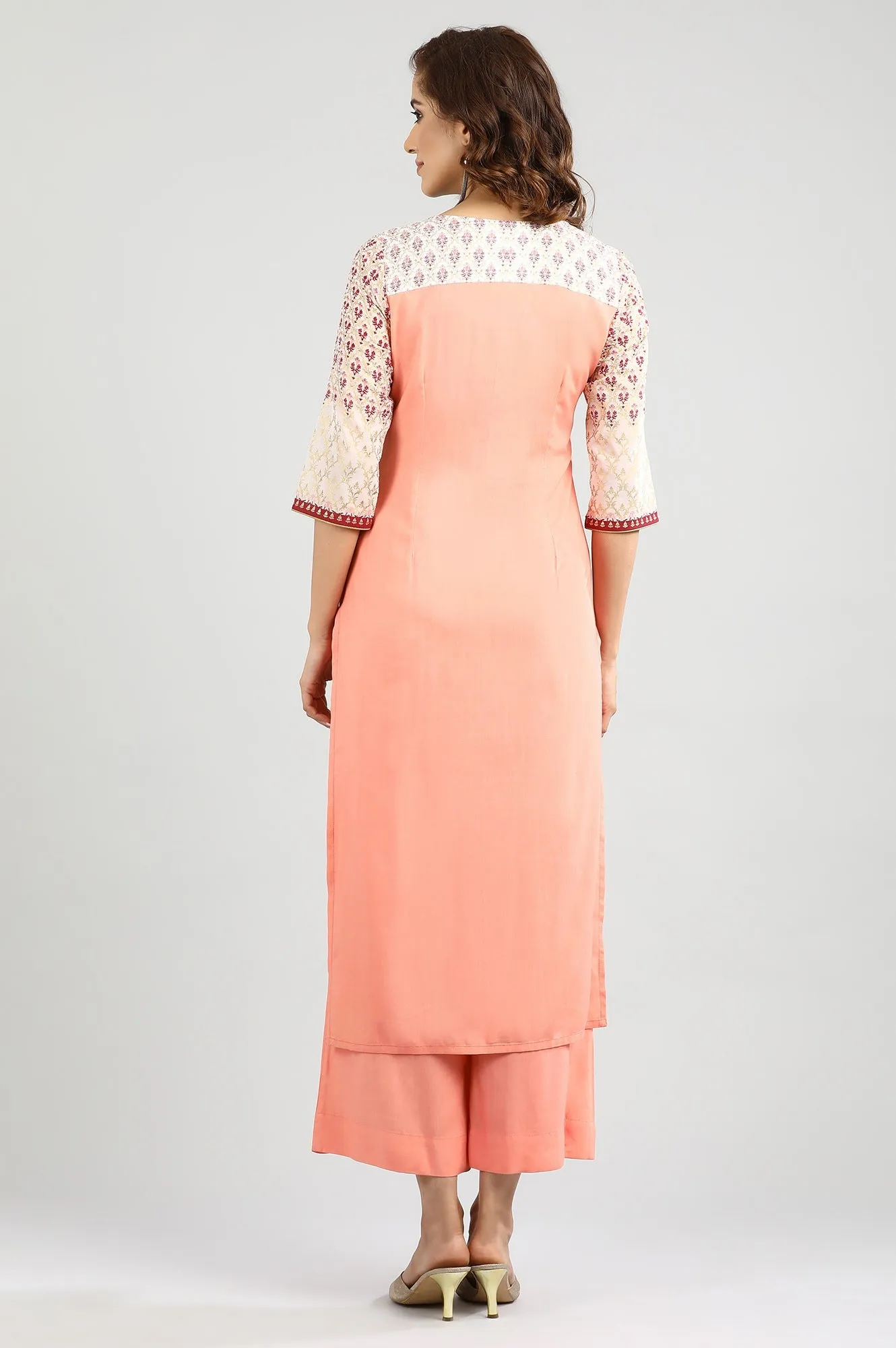 Peach Round Neck Printed kurta Set