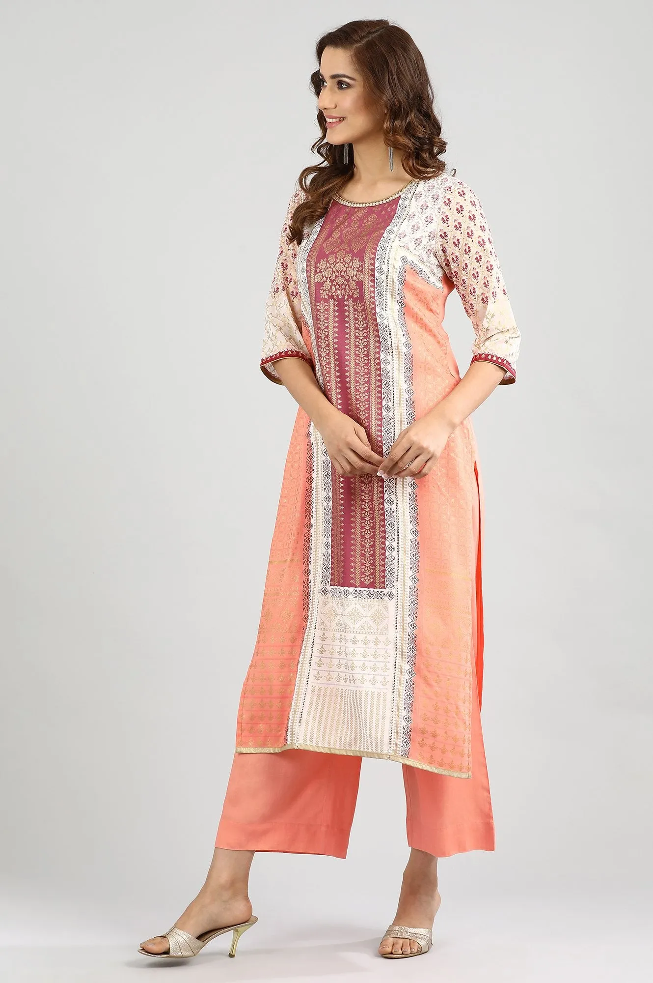 Peach Round Neck Printed kurta Set
