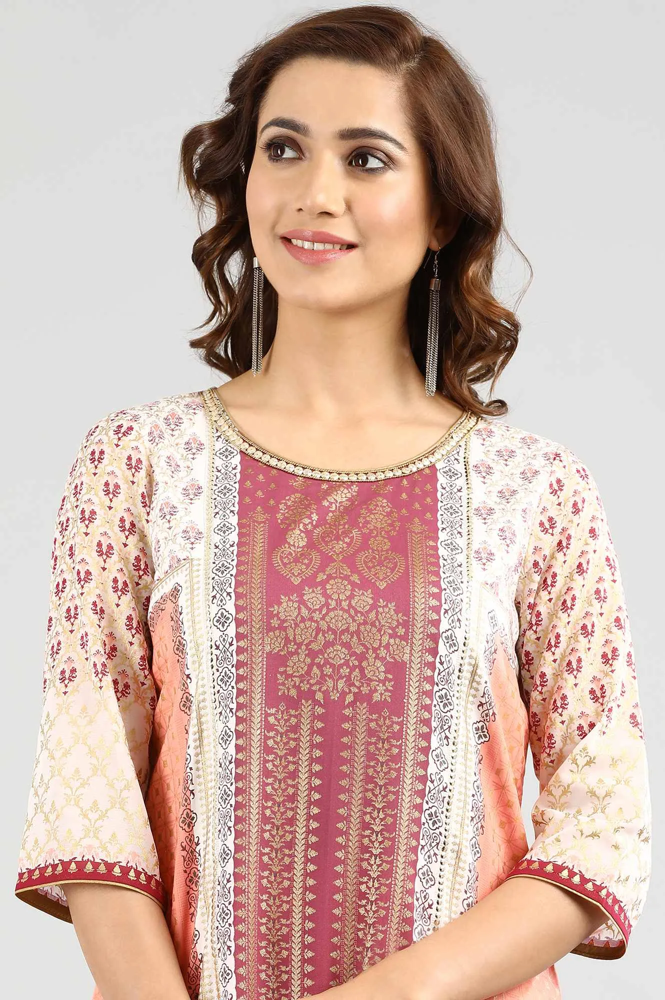 Peach Round Neck Printed kurta Set