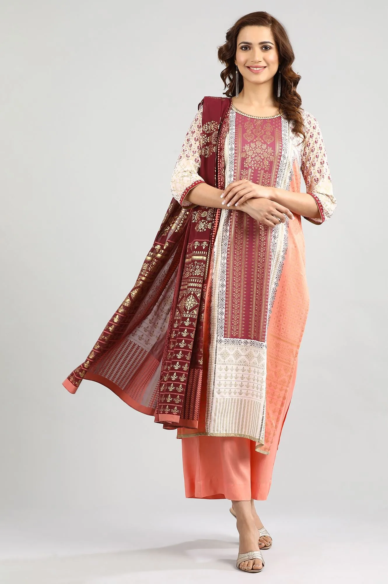 Peach Round Neck Printed kurta Set