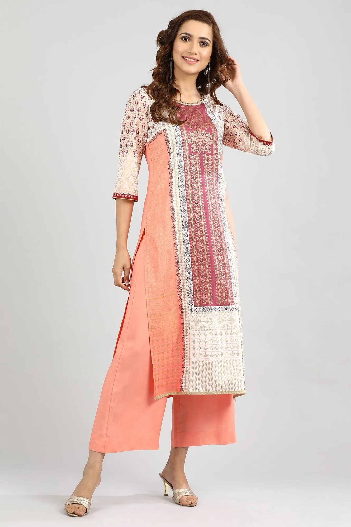 Peach Round Neck Printed kurta Set