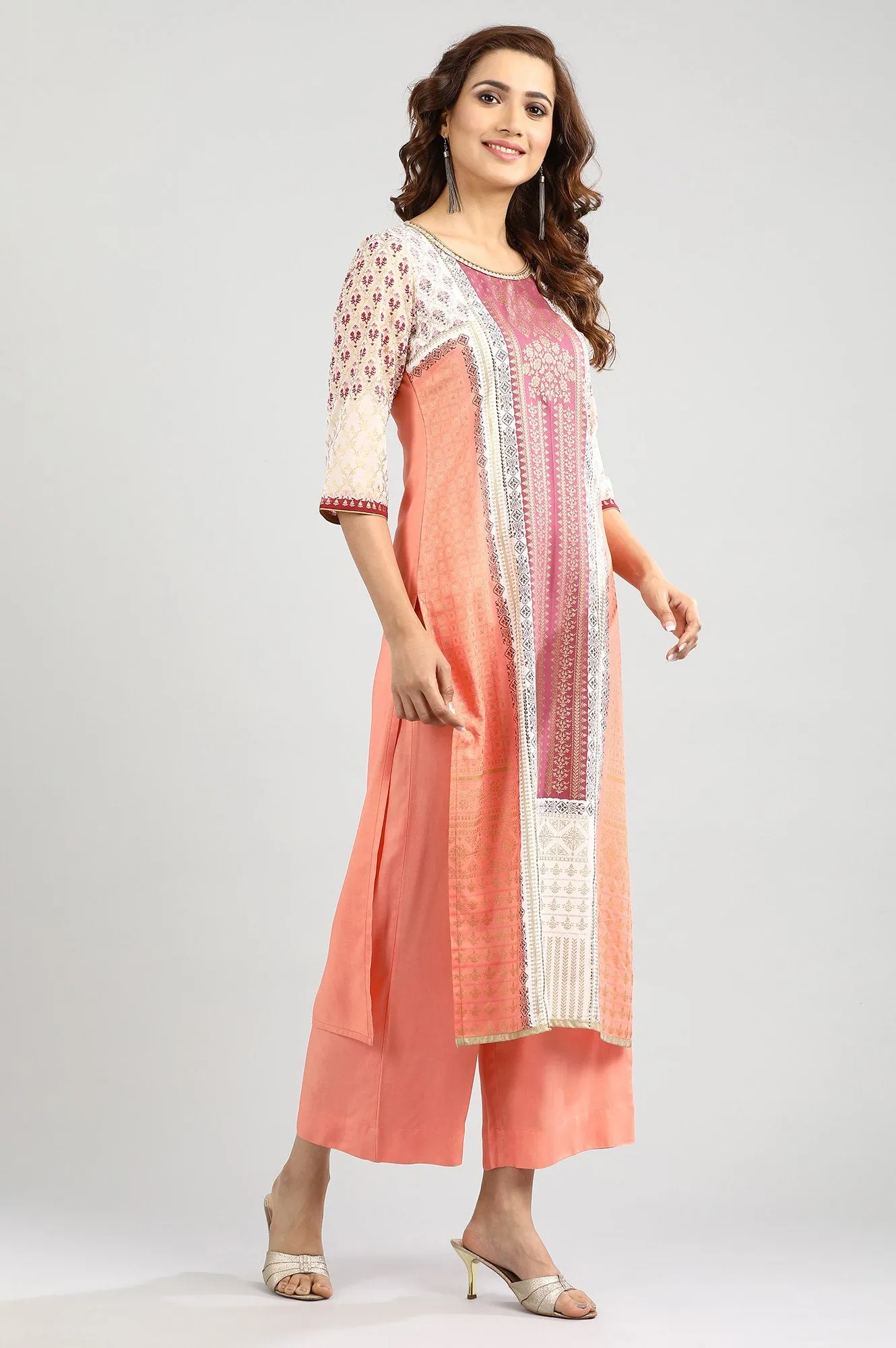 Peach Round Neck Printed kurta Set
