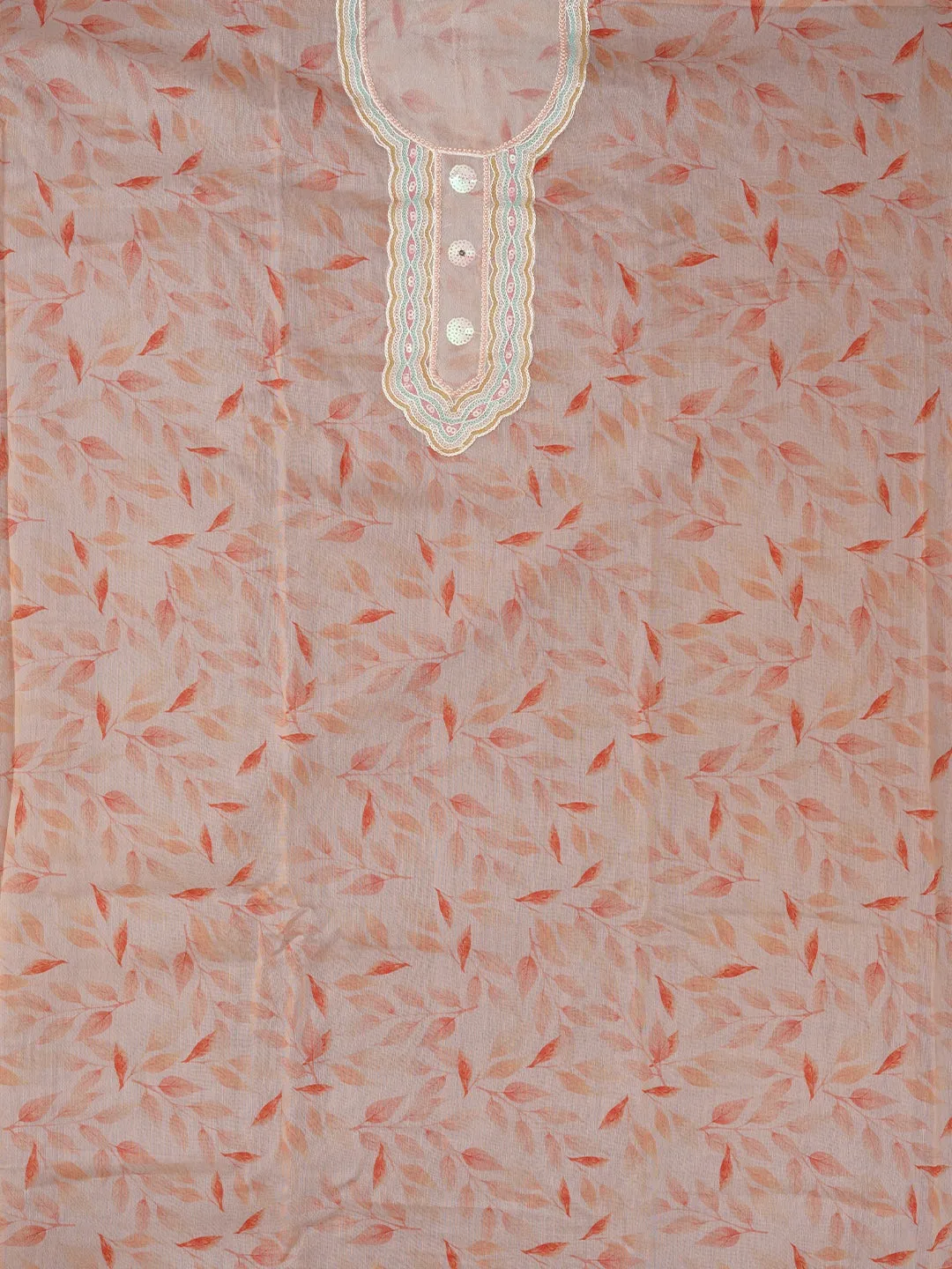 Peach Sequin Work Floral Printed Cotton Blend Dress Material with Dupatta