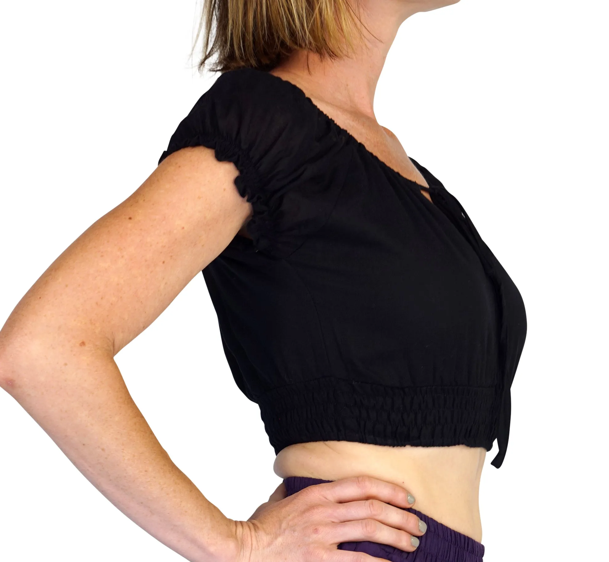 'Peasant Crop Top' Belly Showing Blouse - Black