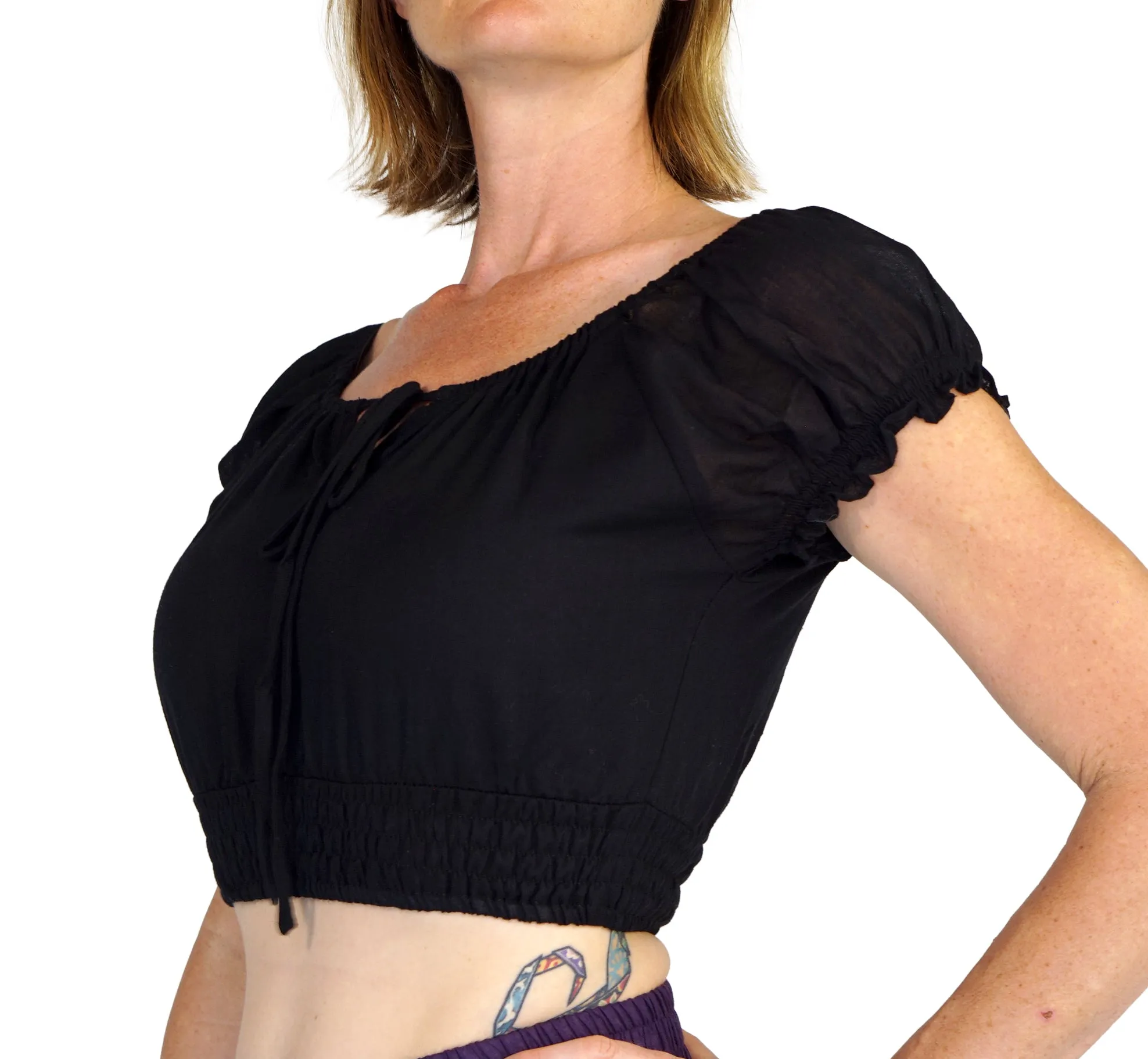 'Peasant Crop Top' Belly Showing Blouse - Black