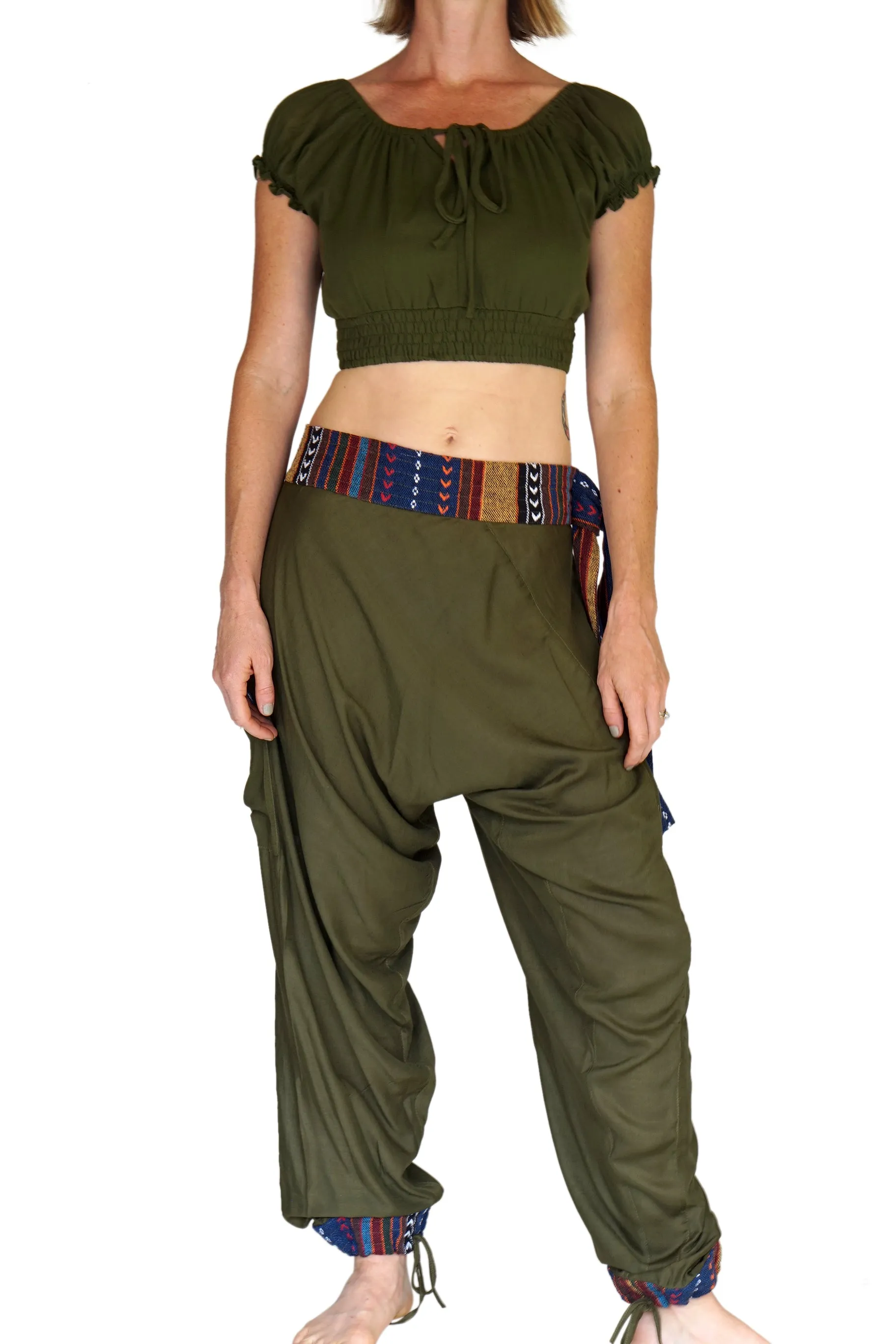 'Peasant Crop Top' Belly Showing Blouse - Green