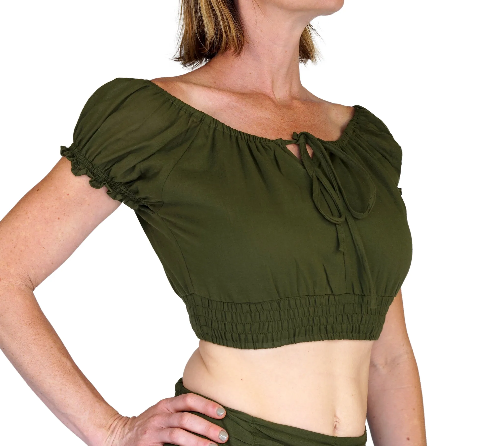 'Peasant Crop Top' Belly Showing Blouse - Green