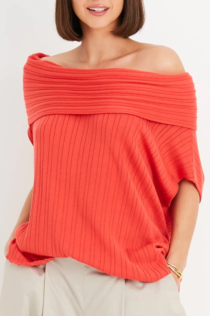 Pima Cotton Ribbed Off The Shoulder Sweater