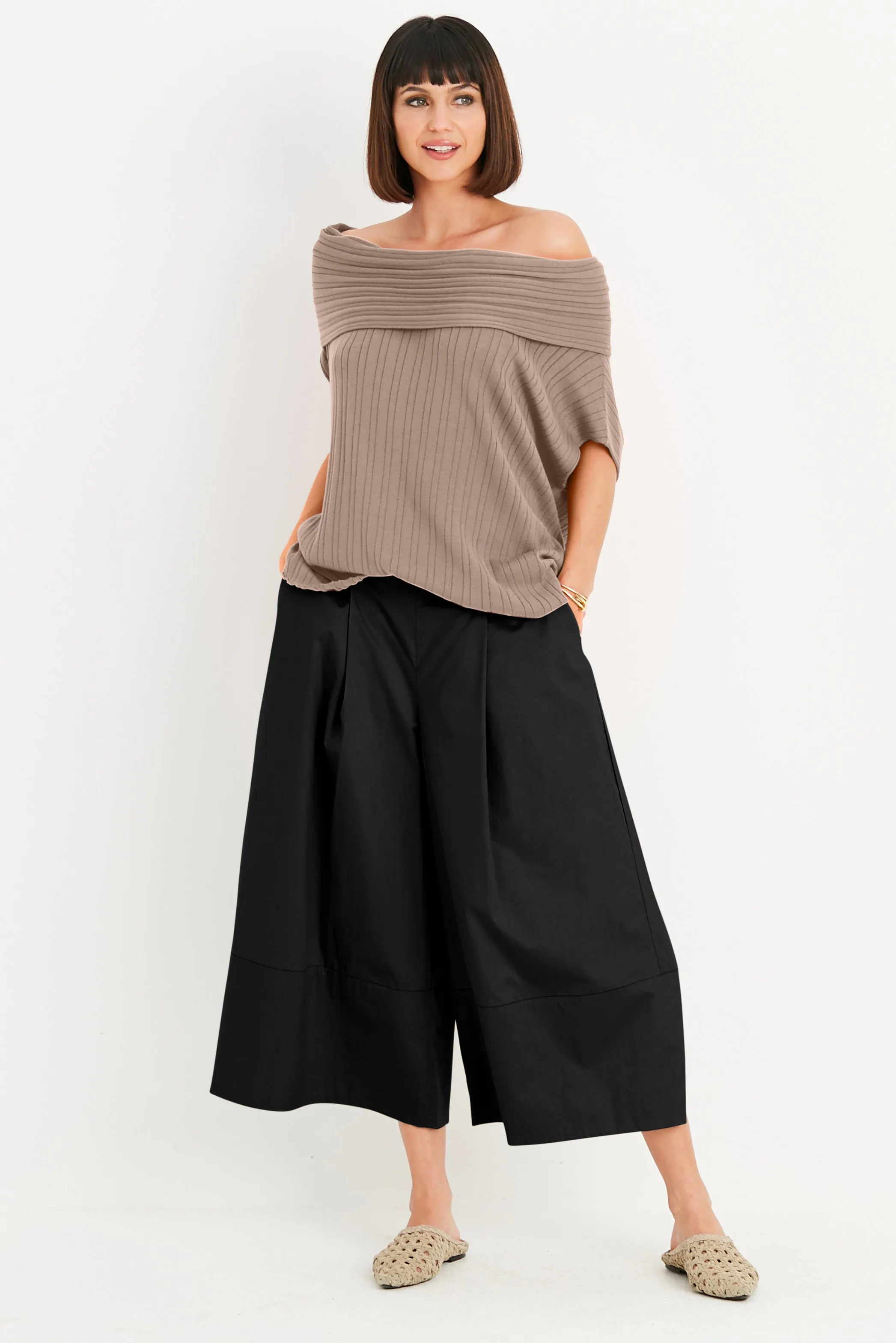 Pima Cotton Ribbed Off The Shoulder Sweater