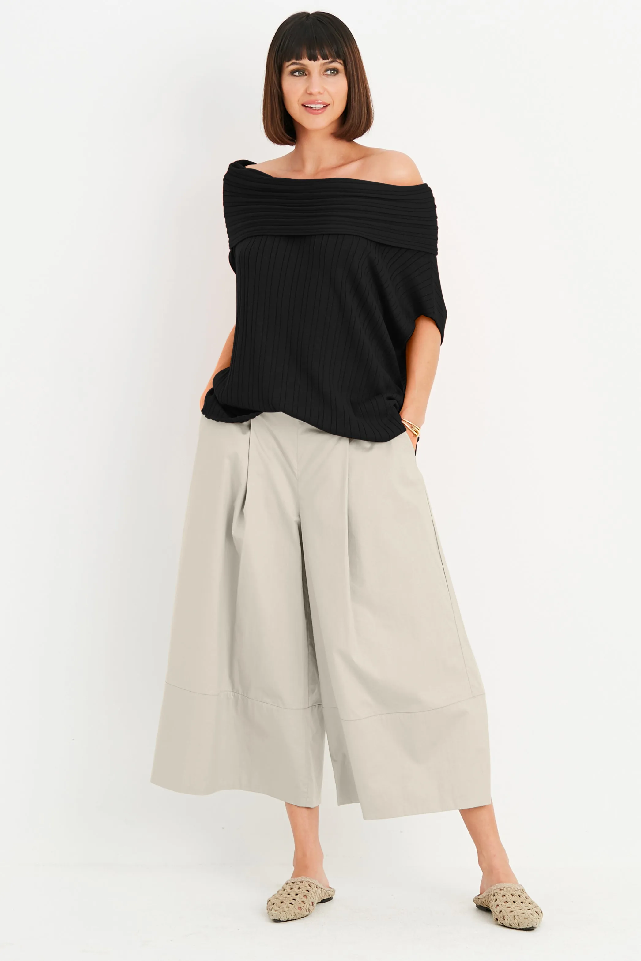 Pima Cotton Ribbed Off The Shoulder Sweater