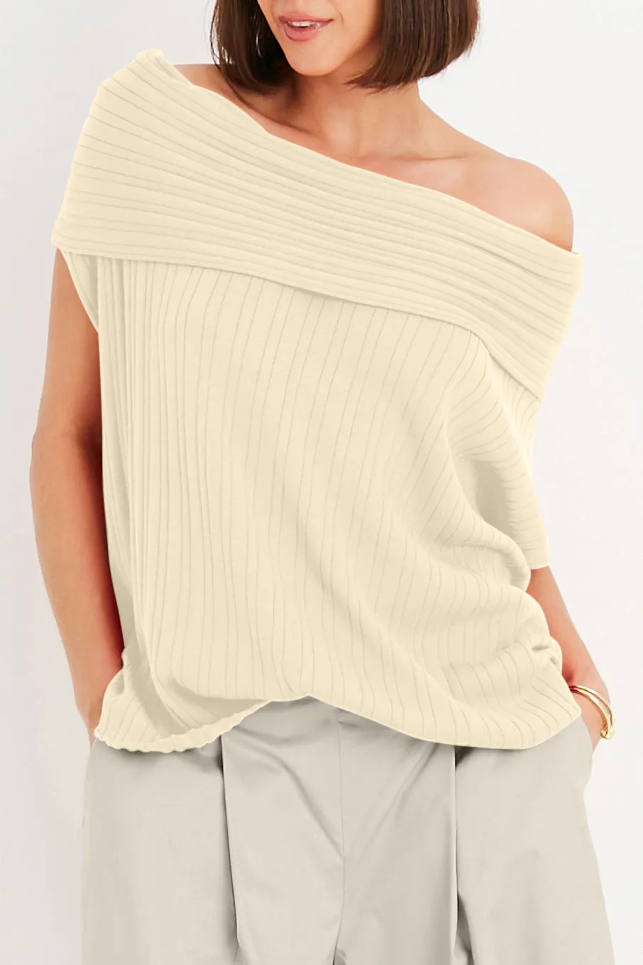 Pima Cotton Ribbed Off The Shoulder Sweater