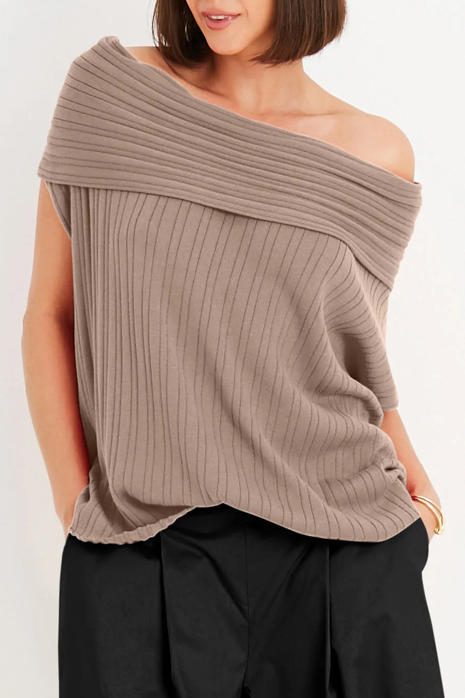 Pima Cotton Ribbed Off The Shoulder Sweater