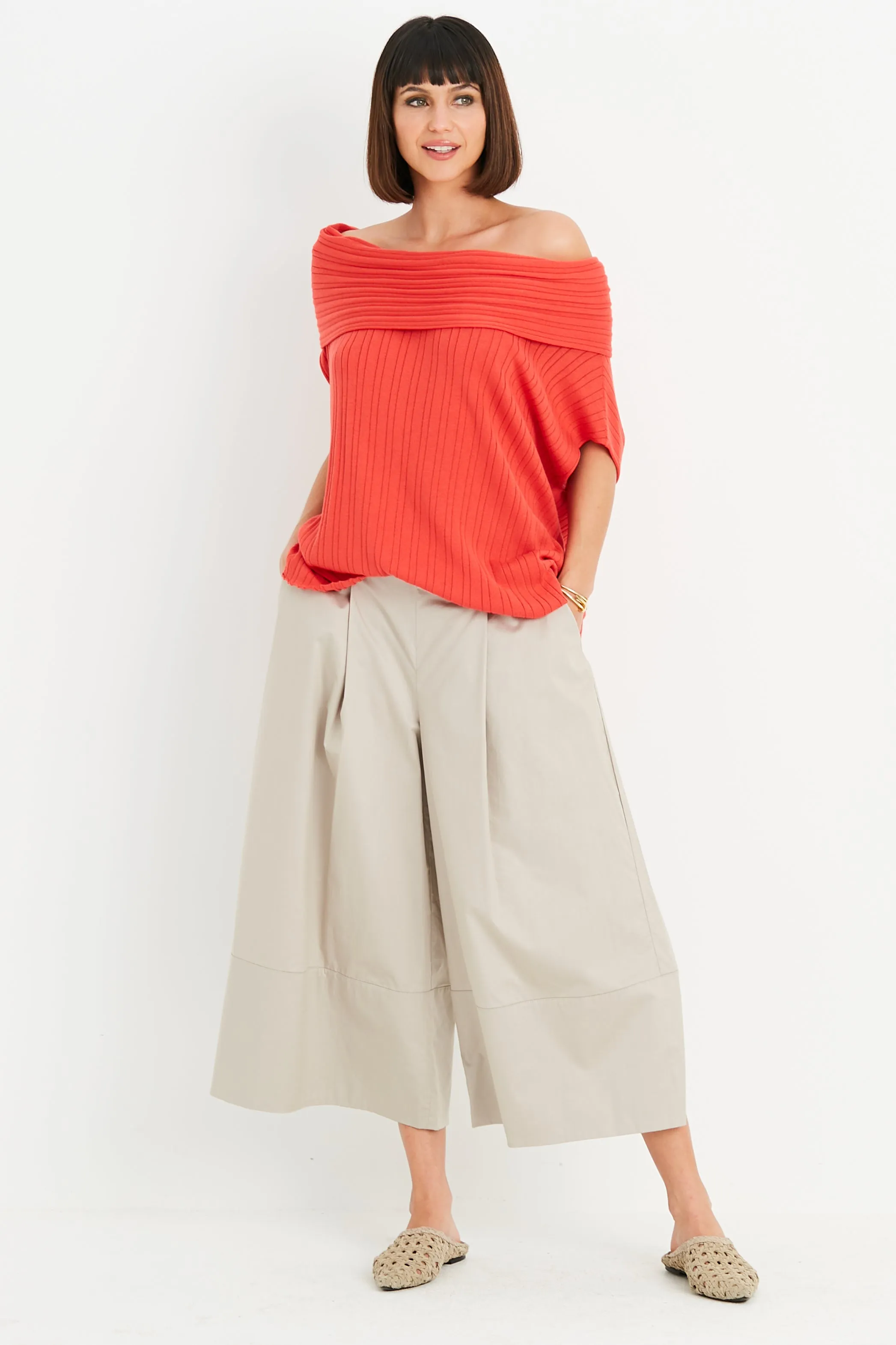 Pima Cotton Ribbed Off The Shoulder Sweater