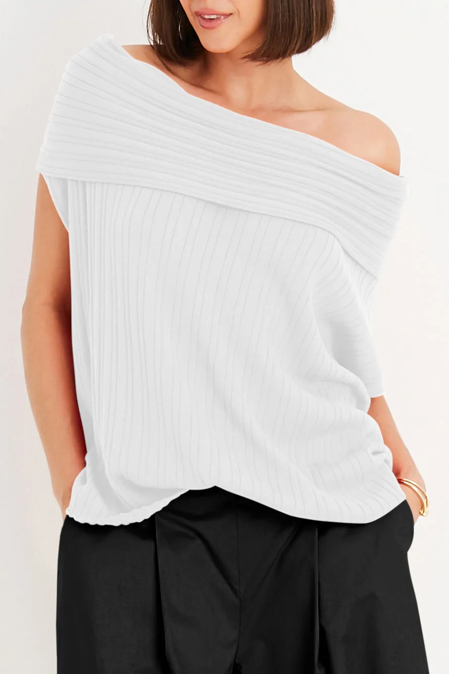 Pima Cotton Ribbed Off The Shoulder Sweater