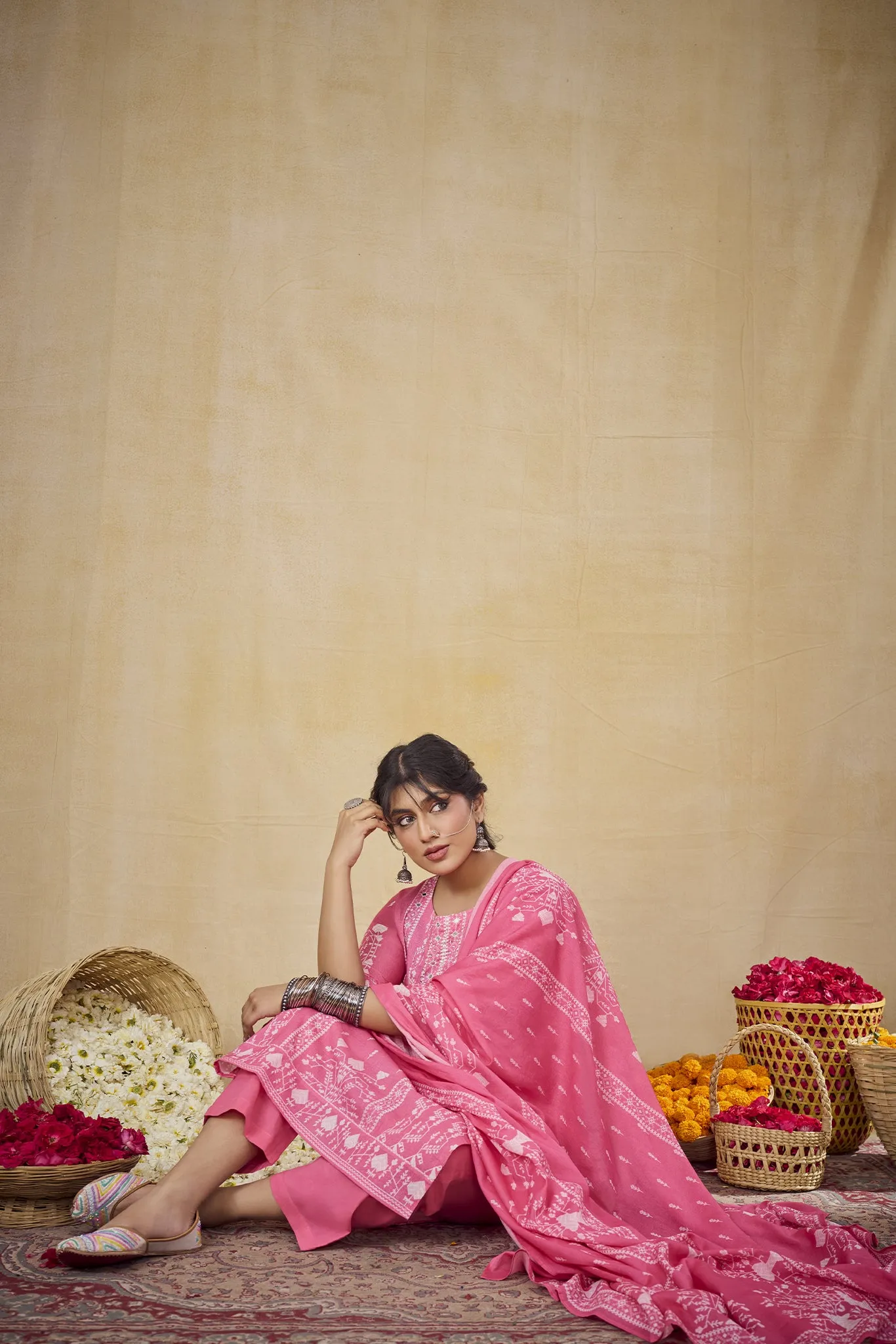 Pink Butti Printed Set with Dupatta