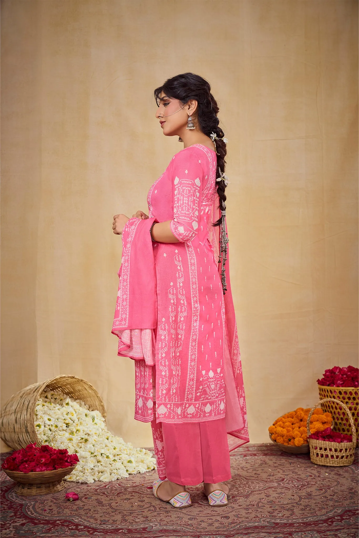 Pink Butti Printed Set with Dupatta