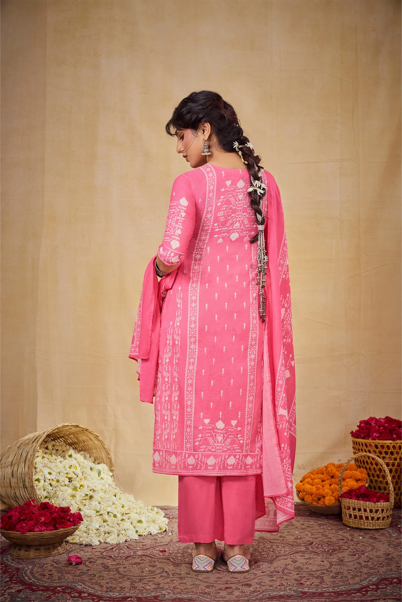 Pink Butti Printed Set with Dupatta