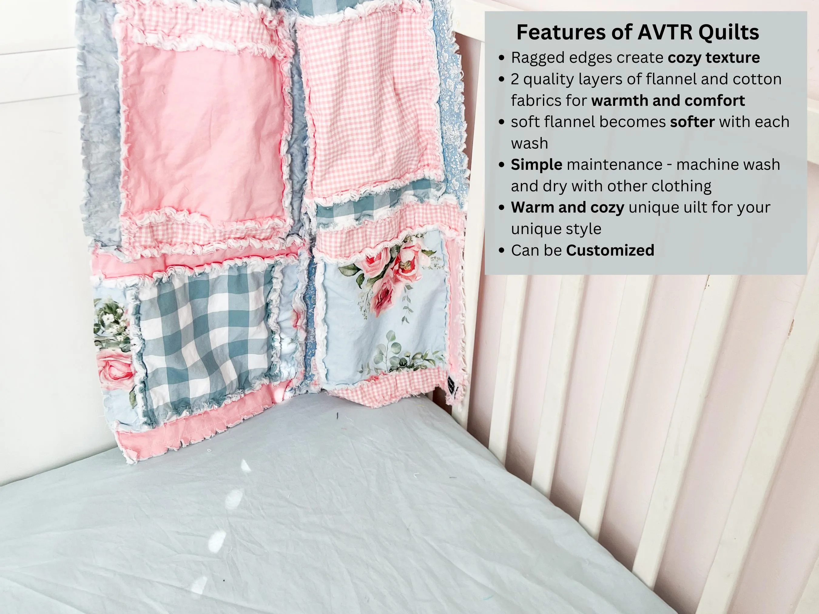 Pink Crib Bedding Floral Nursery Decor, Baby Girl Rag Quilt for Sale, Light Blue Flower Toddler Bedding Baby Girl