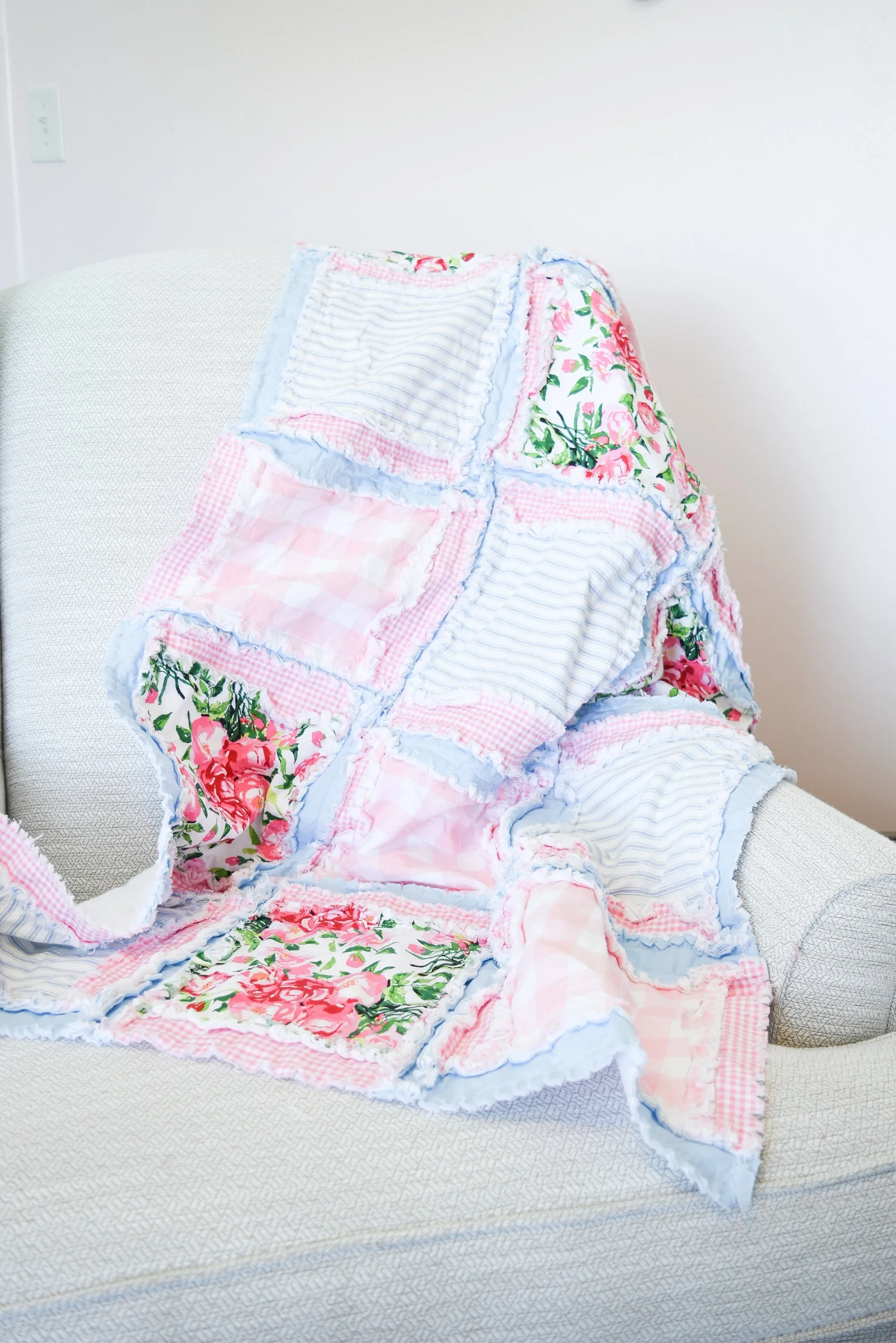 Pink Crib Bedding Floral Nursery Decor, Baby Girl Rag Quilt for Sale, Light Blue Flower Toddler Bedding Baby Girl