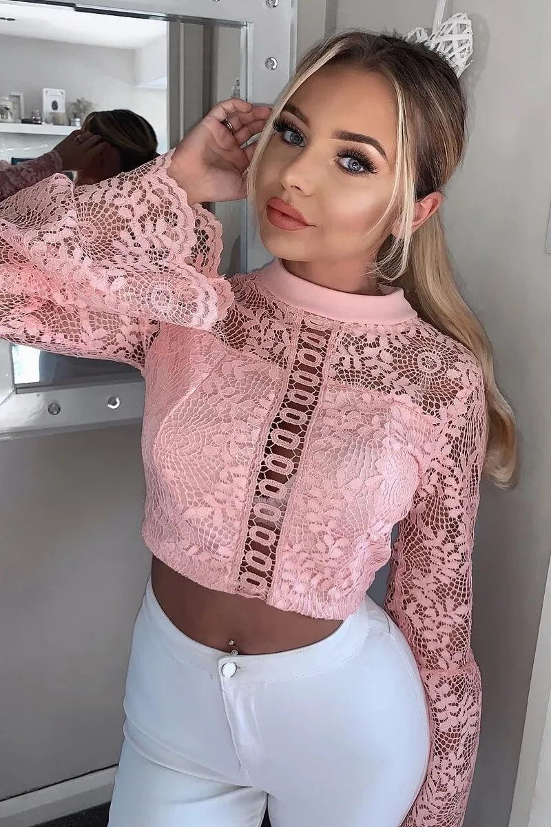 Pink Crochet Lace Bell Sleeve Crop Top - Taylor