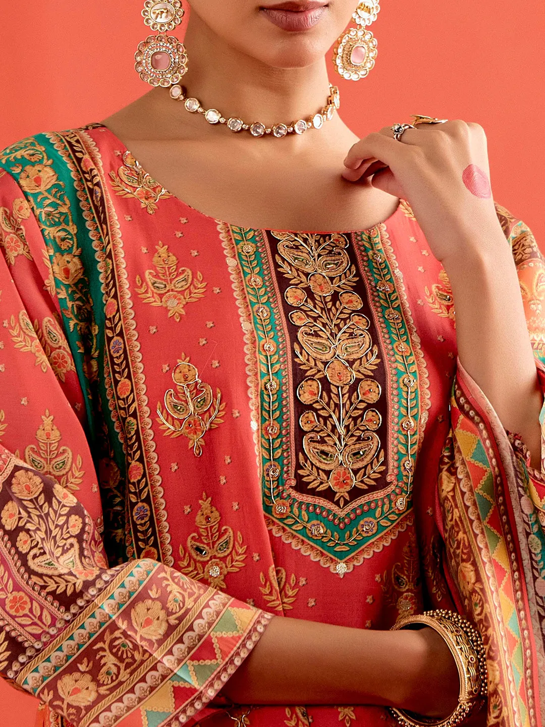 Pink Embellished Ethnic Printed Festive Kurta Set With Dupatta