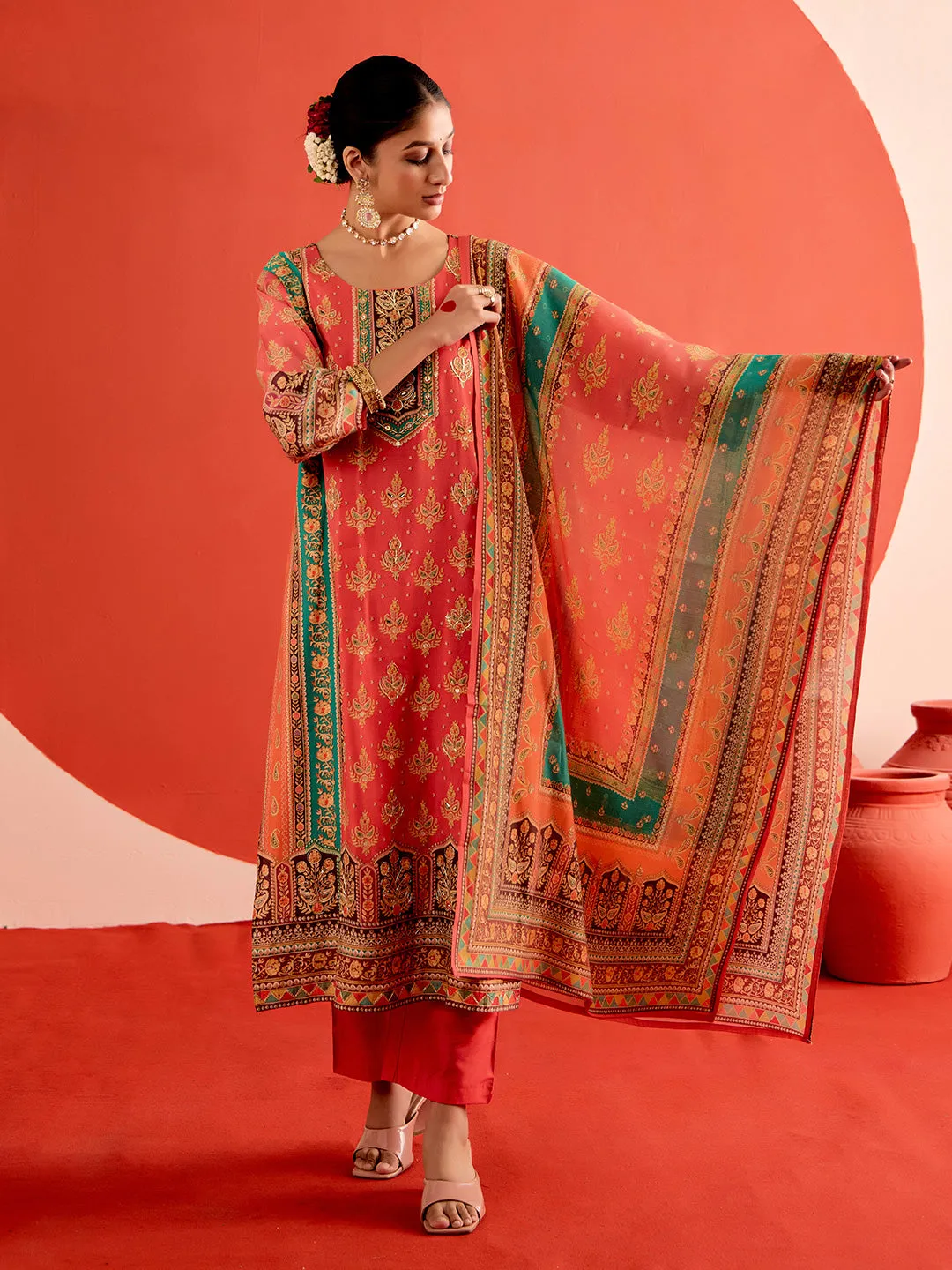 Pink Embellished Ethnic Printed Festive Kurta Set With Dupatta