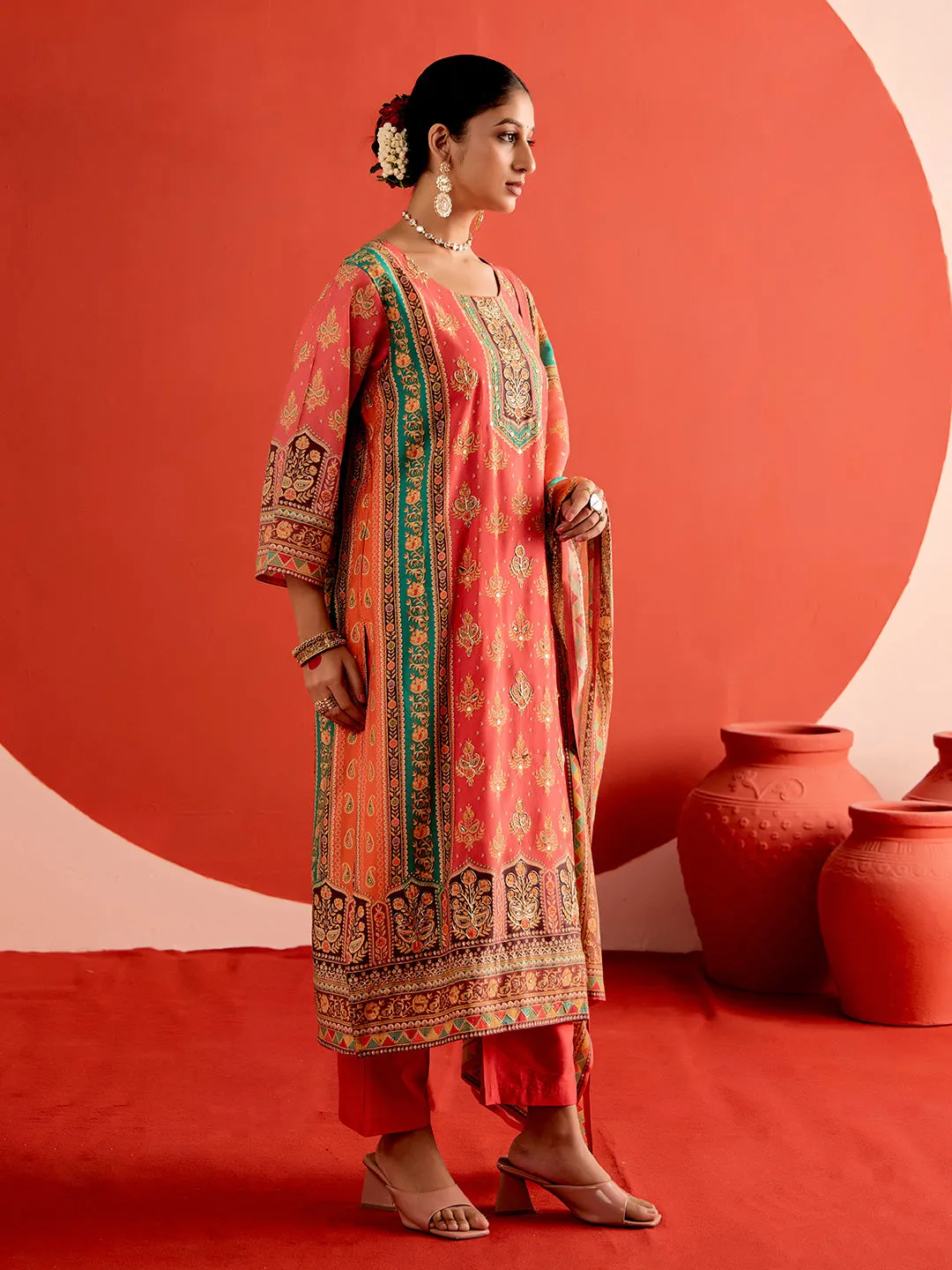 Pink Embellished Ethnic Printed Festive Kurta Set With Dupatta