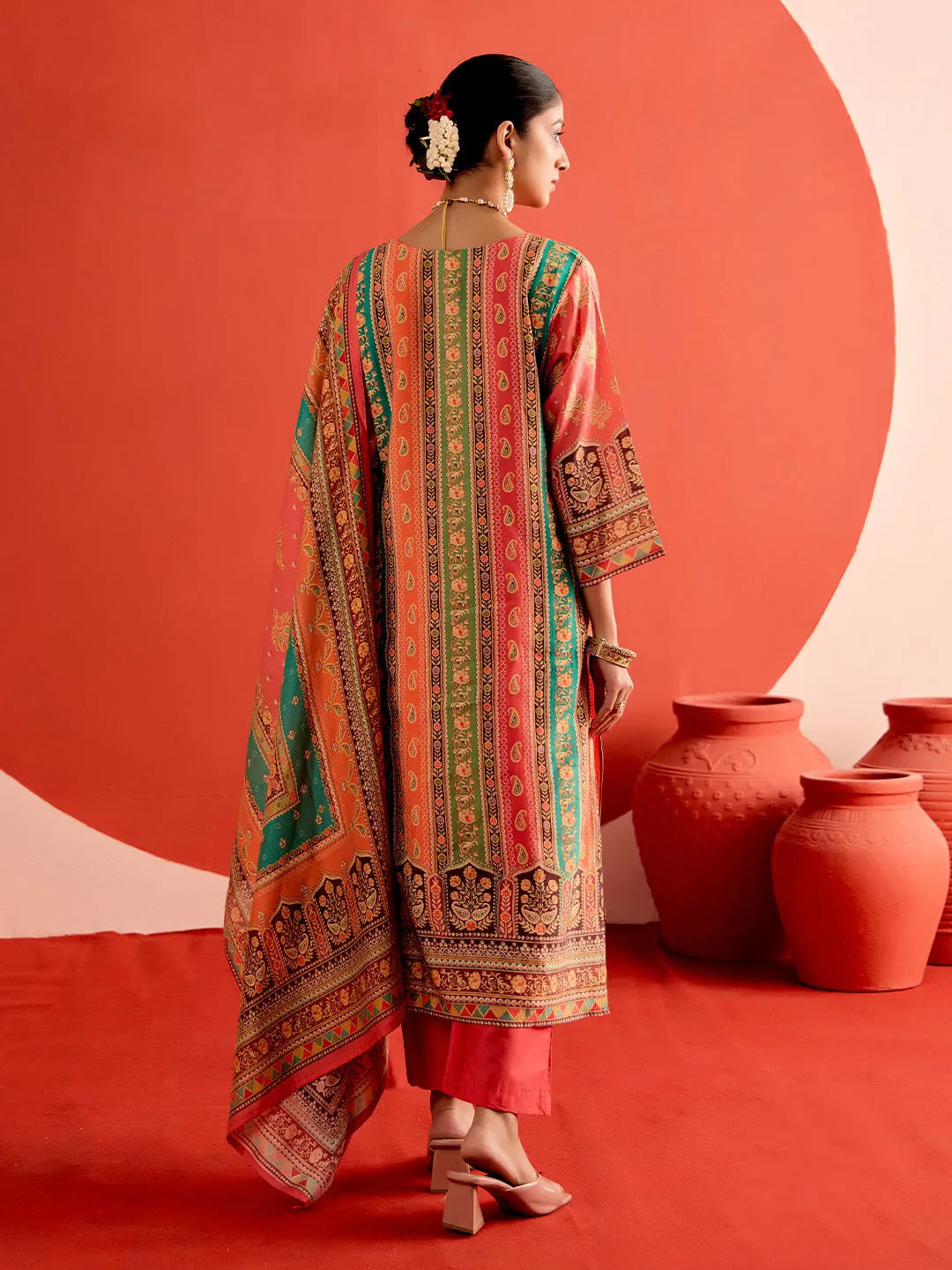 Pink Embellished Ethnic Printed Festive Kurta Set With Dupatta