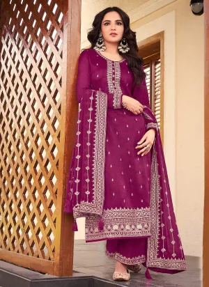 Pink Heavy Embroidered Designer Silk Pant Suit