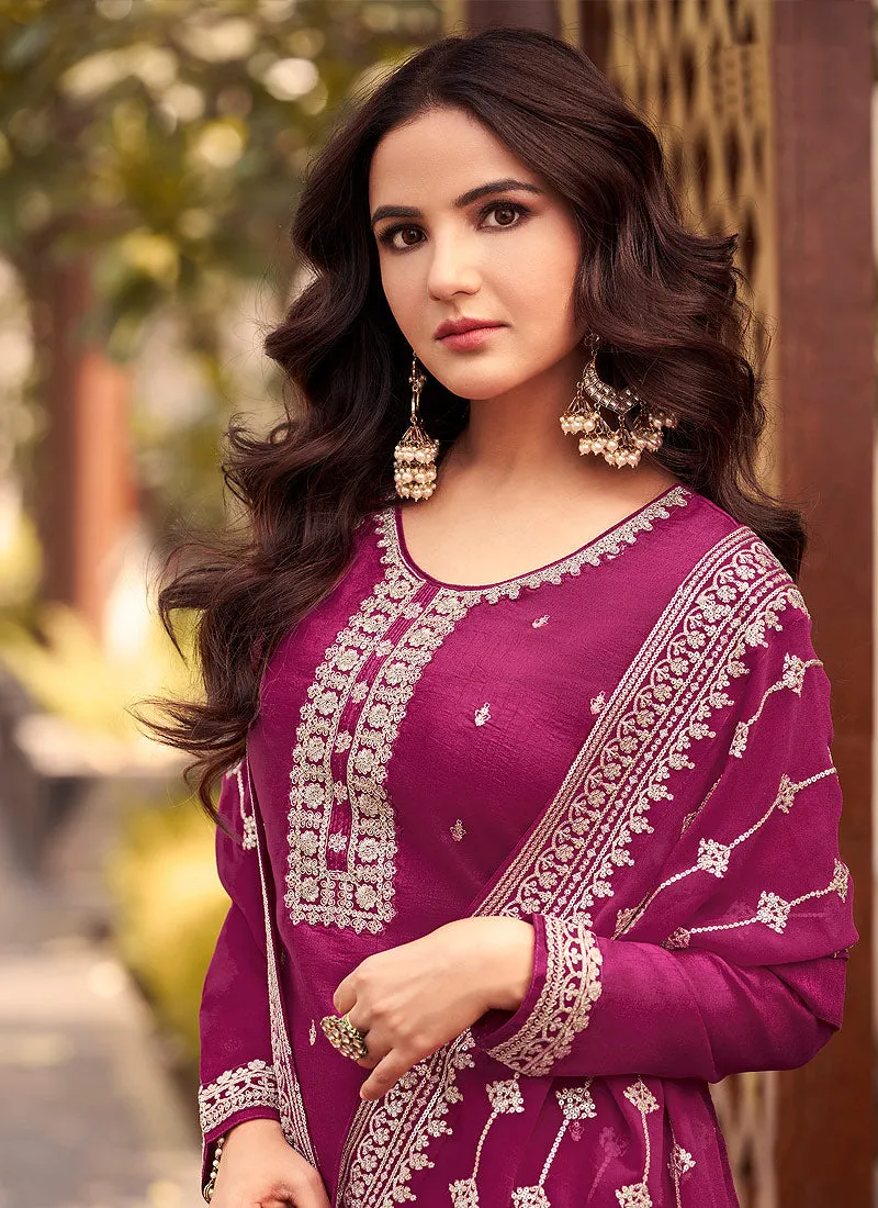 Pink Heavy Embroidered Designer Silk Pant Suit