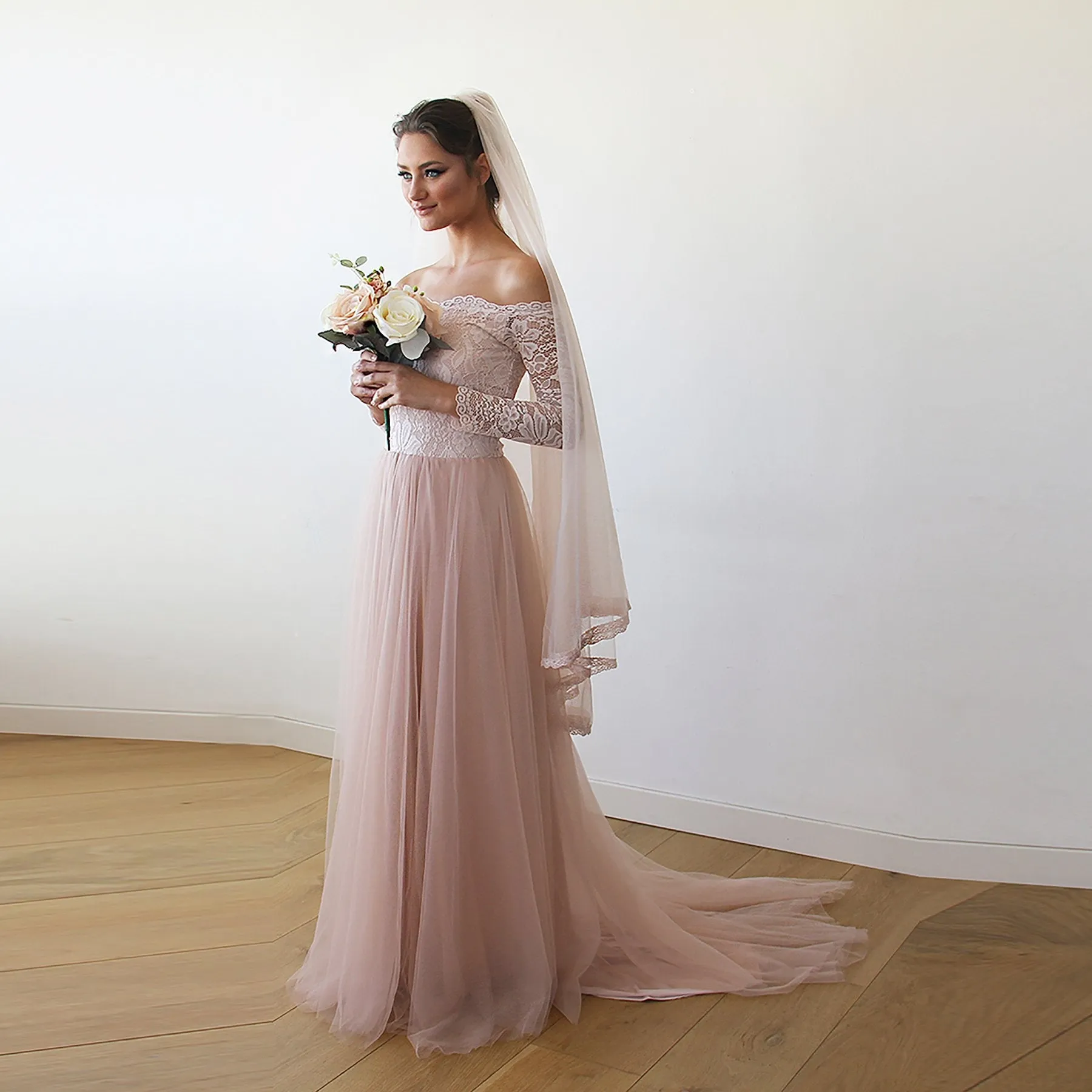 Pink Off-The-Shoulder Wedding Lace & Tulle Train Dress  #1162