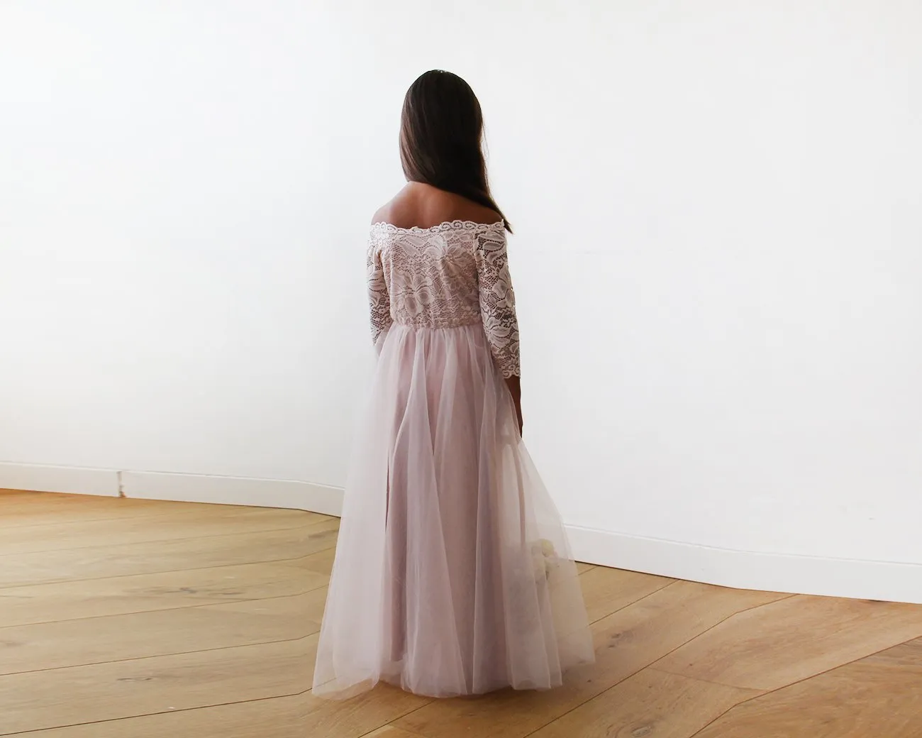 Pink Off-The-Shoulder Wedding Lace & Tulle Train Dress  #1162