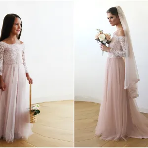 Pink Off-The-Shoulder Wedding Lace & Tulle Train Dress  #1162