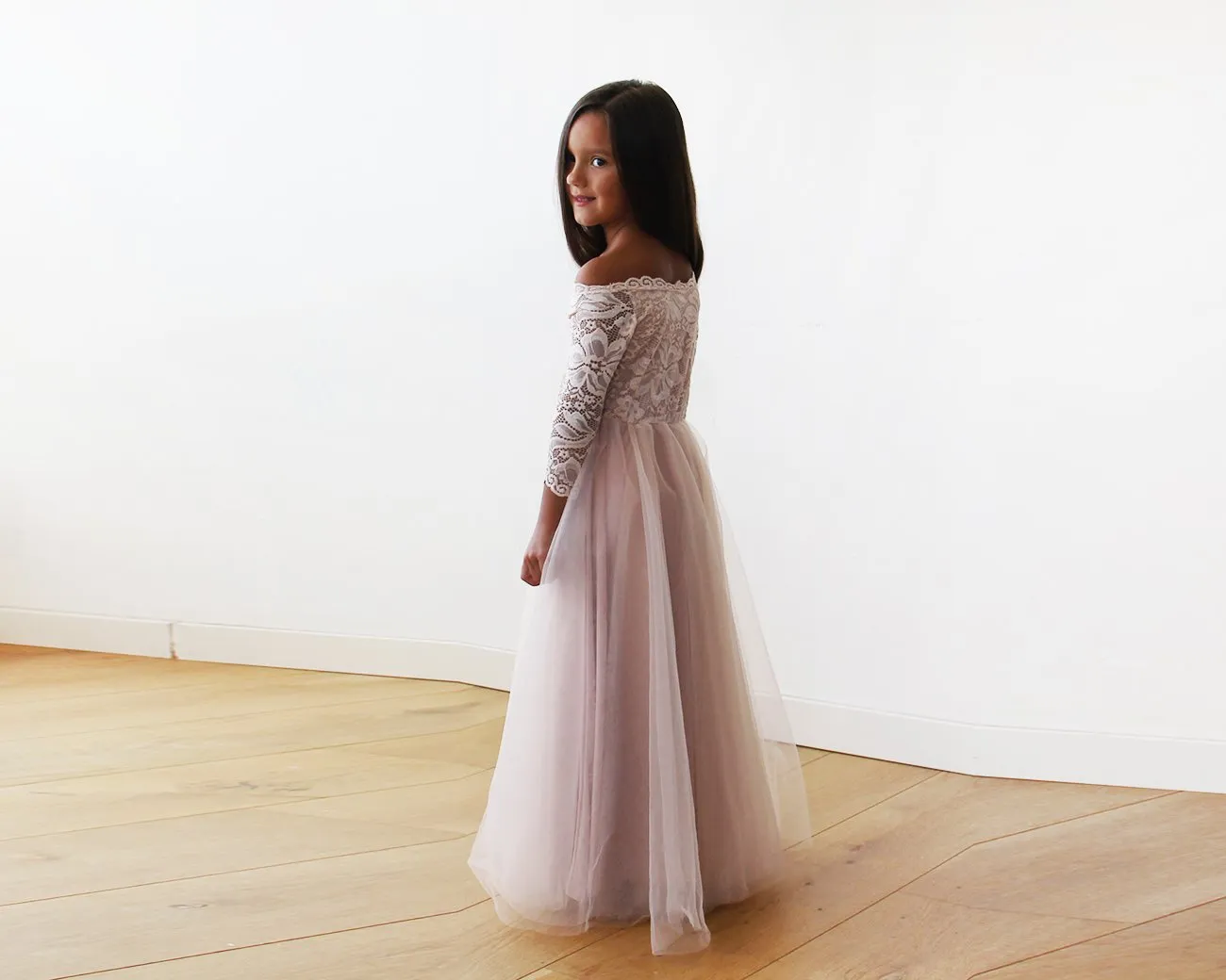 Pink Off-The-Shoulder Wedding Lace & Tulle Train Dress  #1162