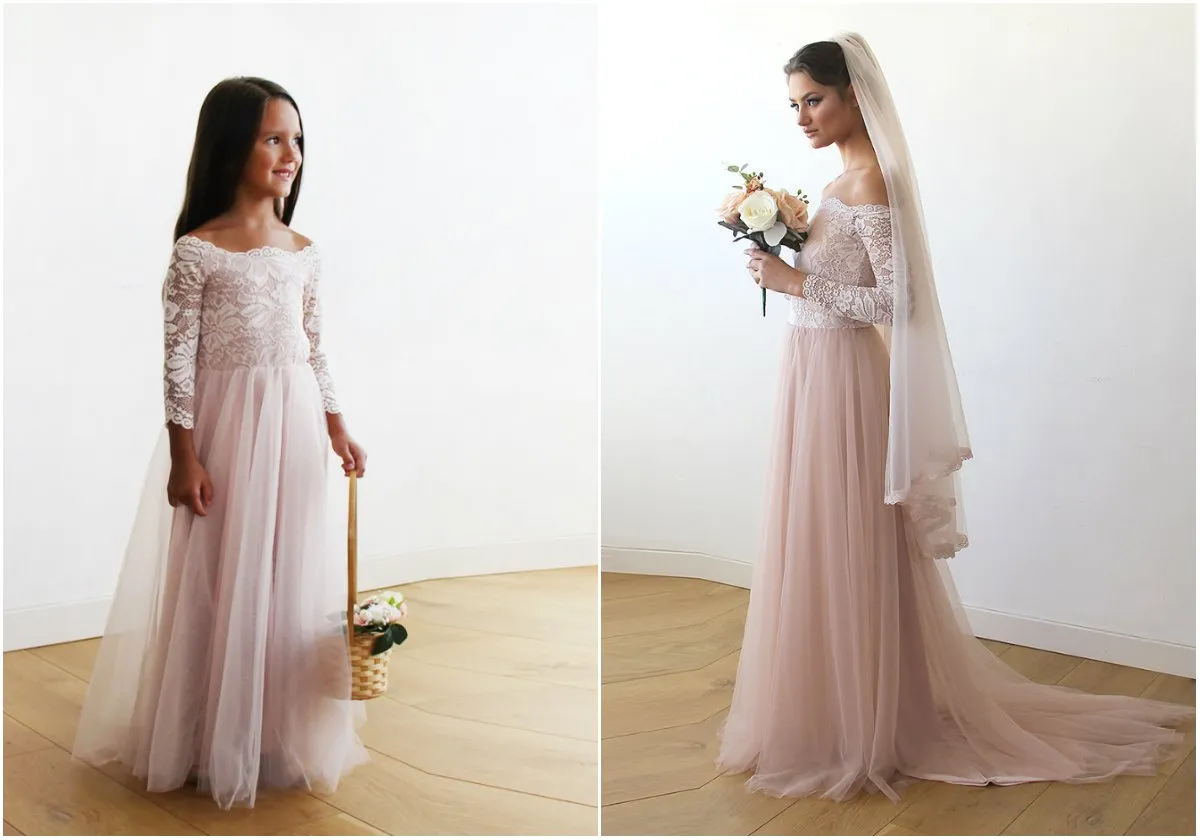 Pink Off-The-Shoulder Wedding Lace & Tulle Train Dress  #1162