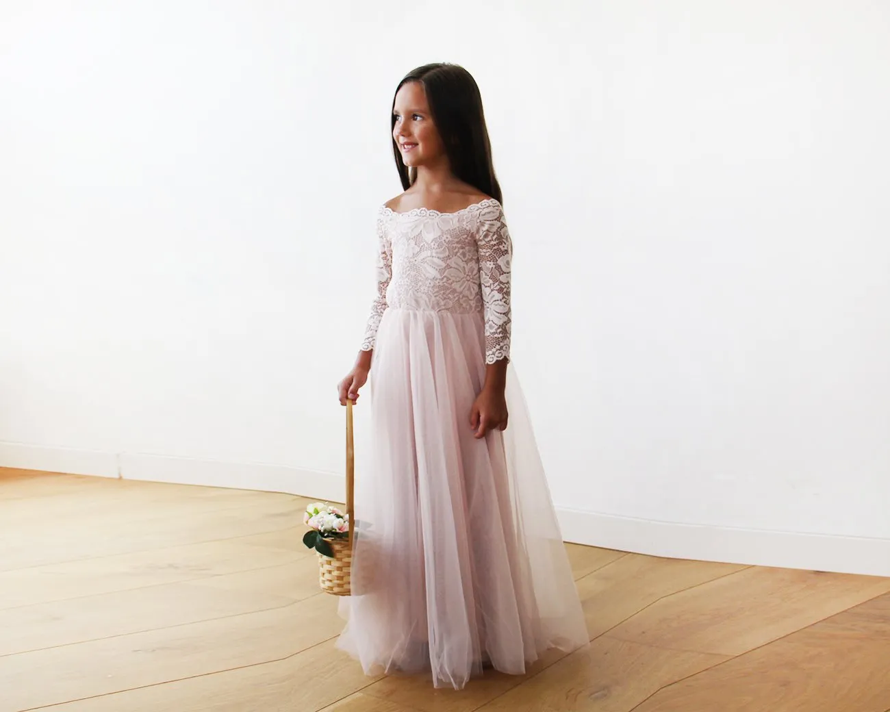 Pink Off-The-Shoulder Wedding Lace & Tulle Train Dress  #1162