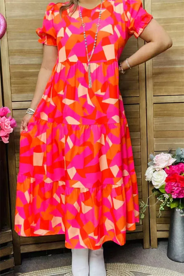 Pink, orange print tiered dress