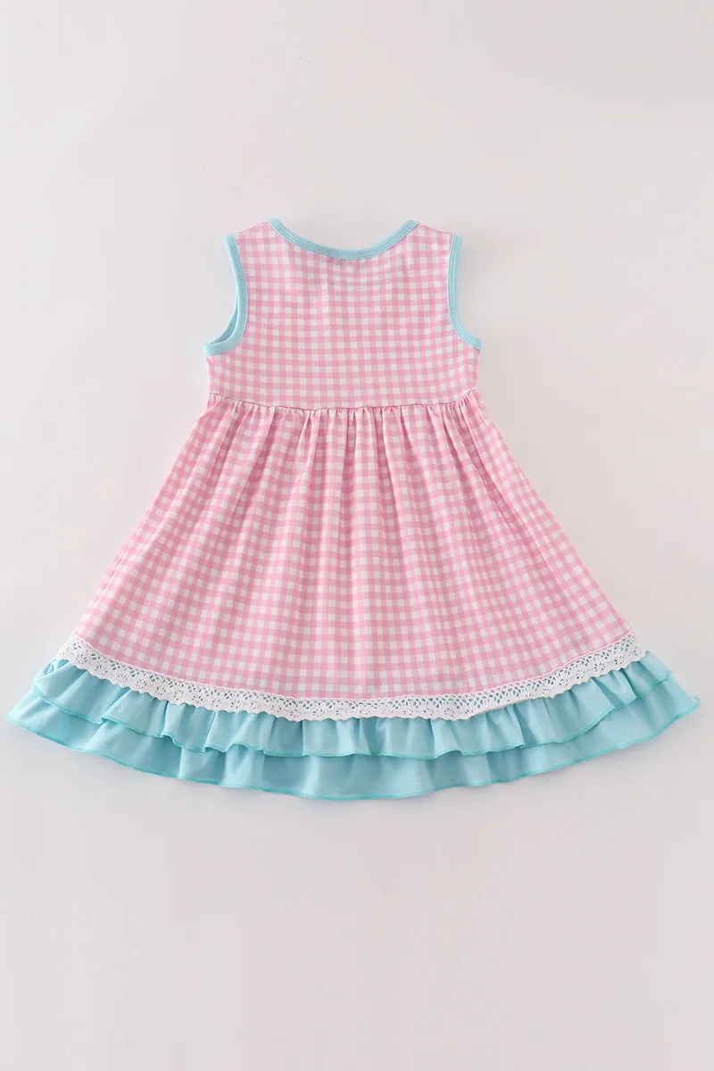 Pink Plaid Pumpkin Embroidery Ruffle Dress