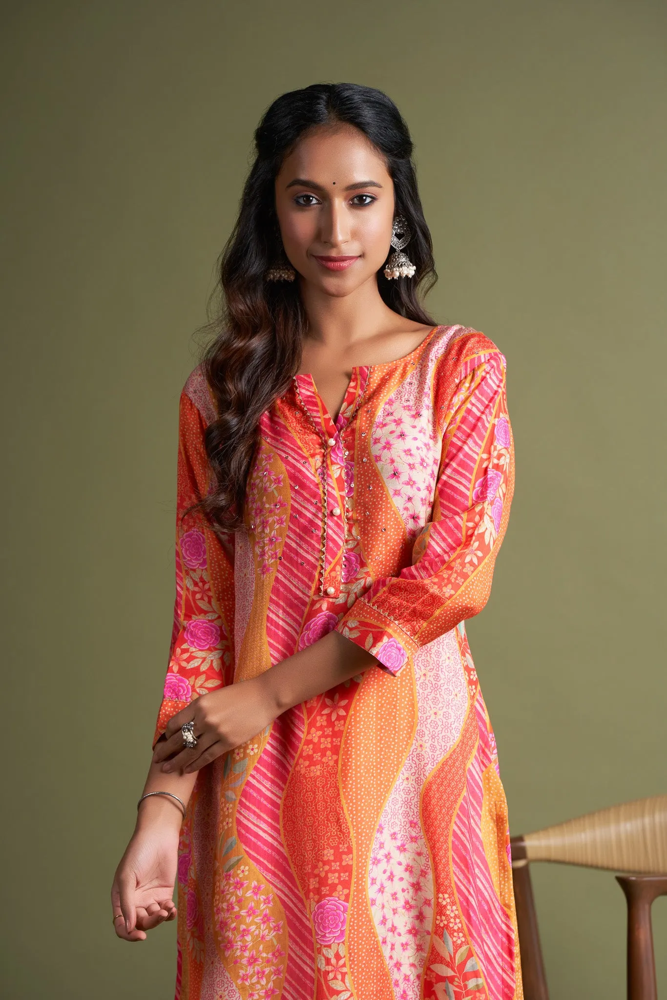 Pink Printed Crepe Kurti with Embroydery
