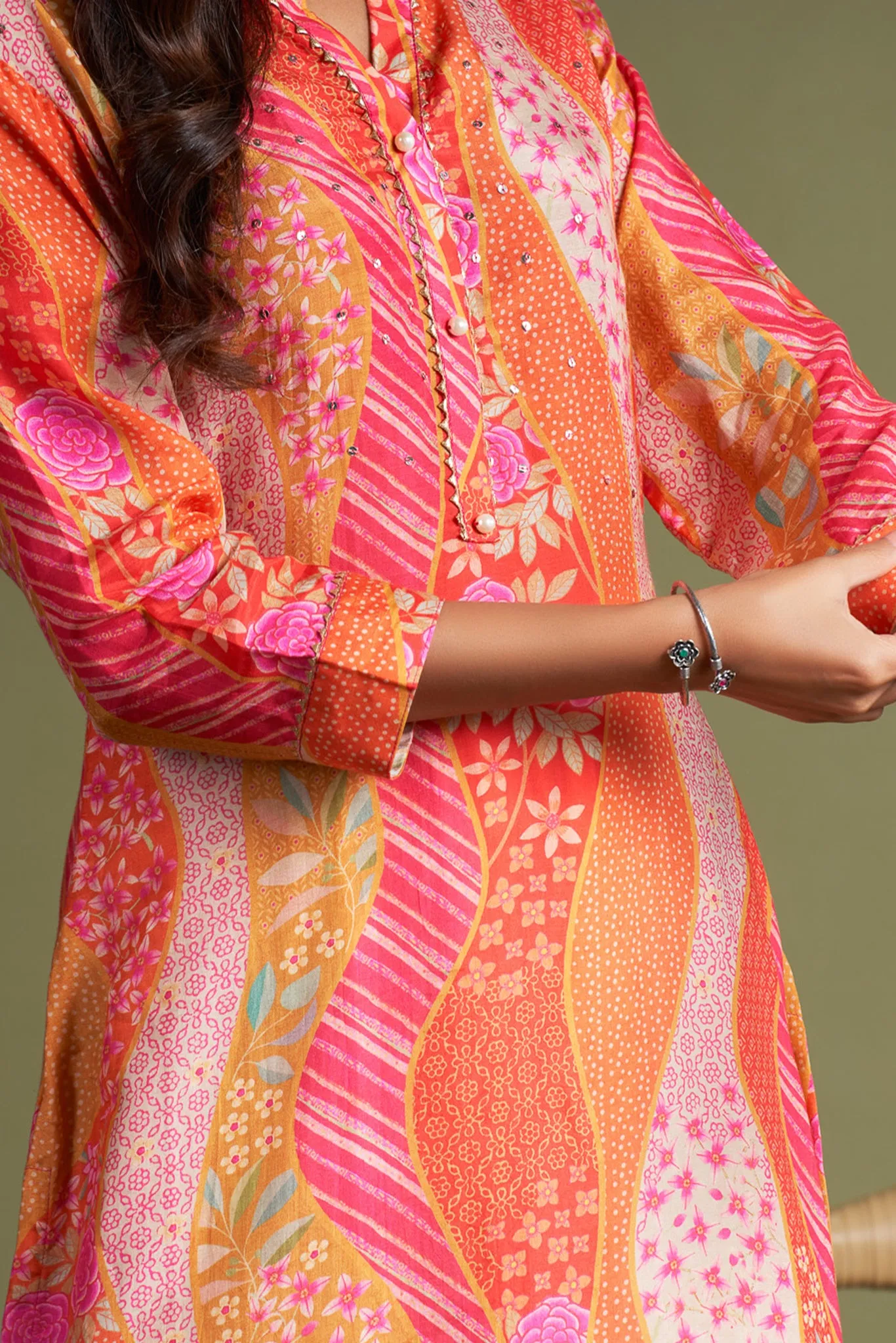 Pink Printed Crepe Kurti with Embroydery