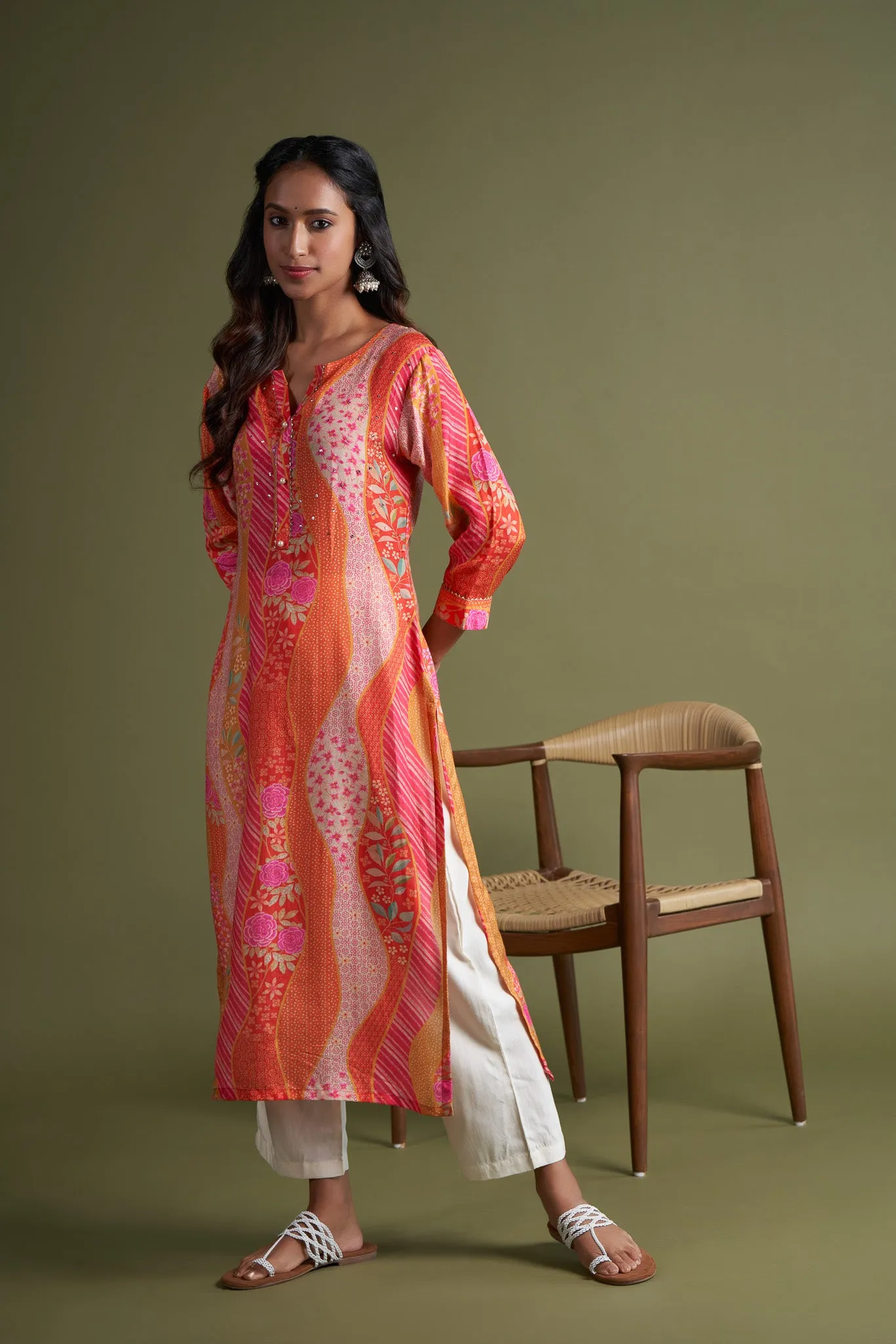 Pink Printed Crepe Kurti with Embroydery