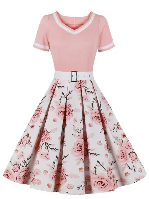 Pink Sweet Heart Collar 1950S Vintage Floral Swing Dress