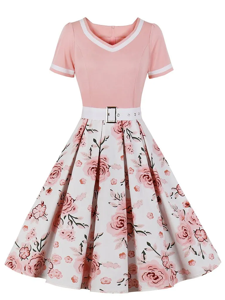 Pink Sweet Heart Collar 1950S Vintage Floral Swing Dress