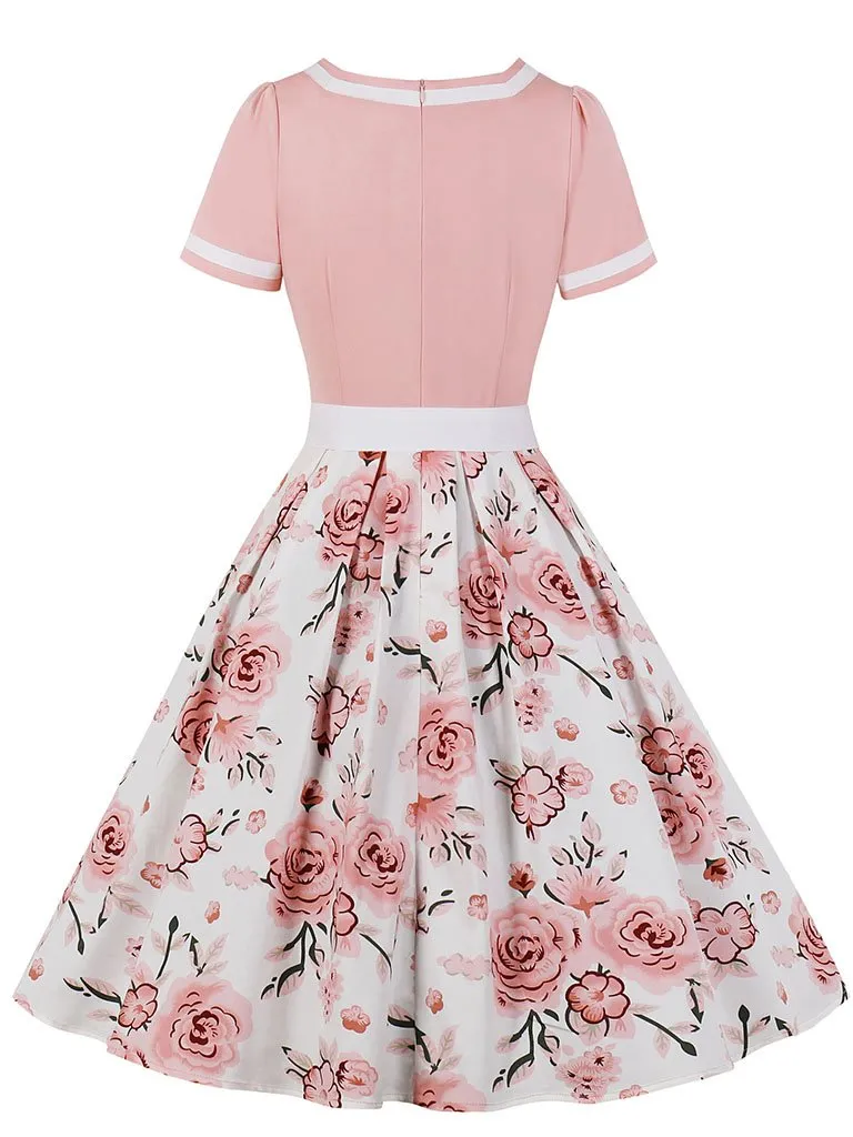 Pink Sweet Heart Collar 1950S Vintage Floral Swing Dress