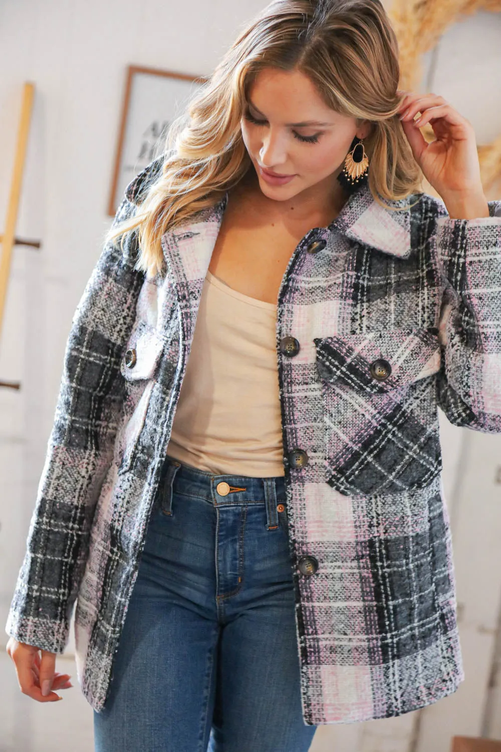 Pink/Black Flannel Plaid Pocketed Oversize Jacket